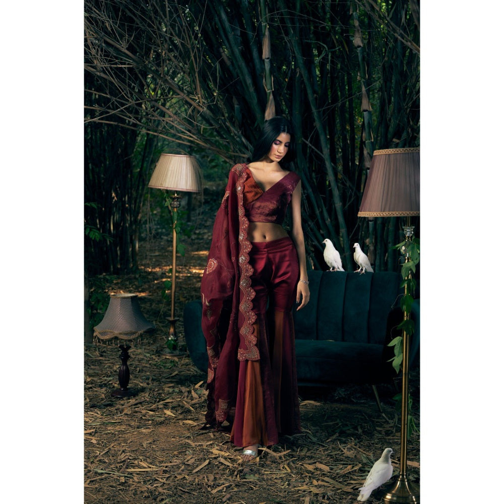 Shreeka Deep Red Crepe Embroidered Sharara with Blouse and Dupatta (Set of 3)