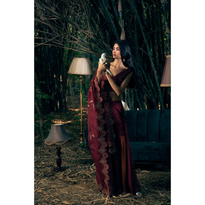 Shreeka Deep Red Crepe Embroidered Sharara with Blouse and Dupatta (Set of 3)