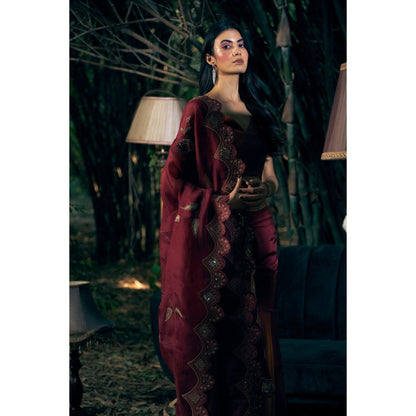 Shreeka Deep Red Crepe Embroidered Sharara with Blouse and Dupatta (Set of 3)