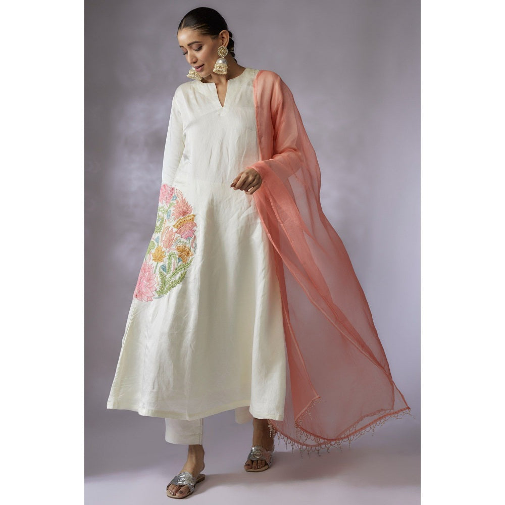 Shreeka Ivory Silk Embroidered A-Line Kurta with Pant and Dupatta (Set of 3)
