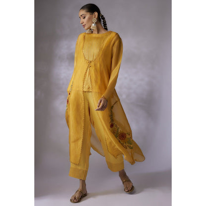Shreeka Mustard Embroidered Jacket with Slip and Pant (Set of 2)