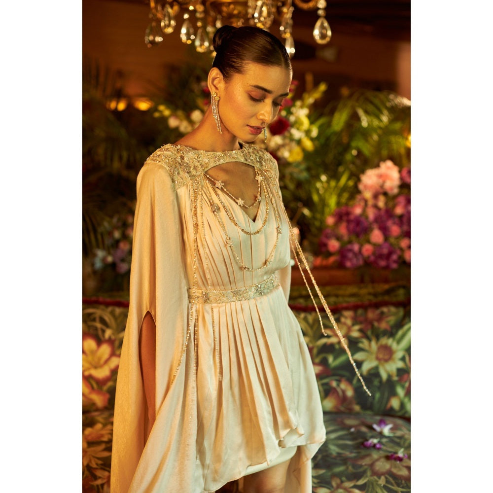 Shreeka Beige Silk Satin Pleated Cape Sleeve Dress