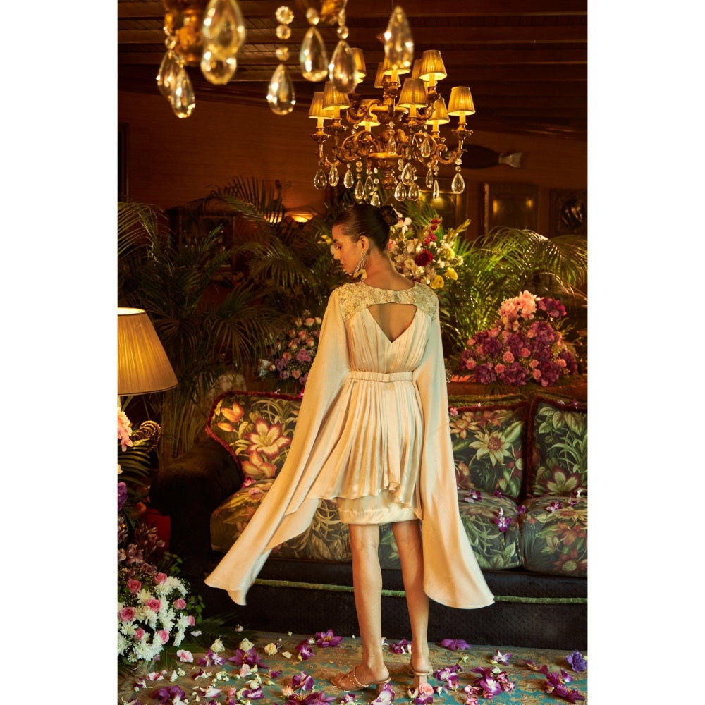 Shreeka Beige Silk Satin Pleated Cape Sleeve Dress
