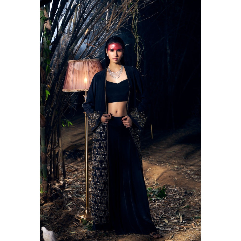 Shreeka Black Embroidered Crepe Jacket with Bustier and Palazzo (Set of 3)