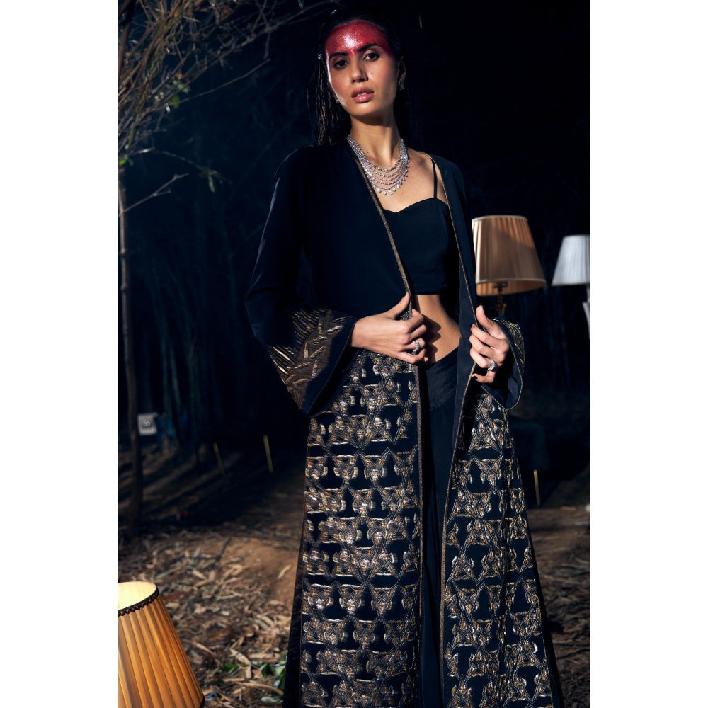 Shreeka Black Embroidered Crepe Jacket with Bustier and Palazzo (Set of 3)