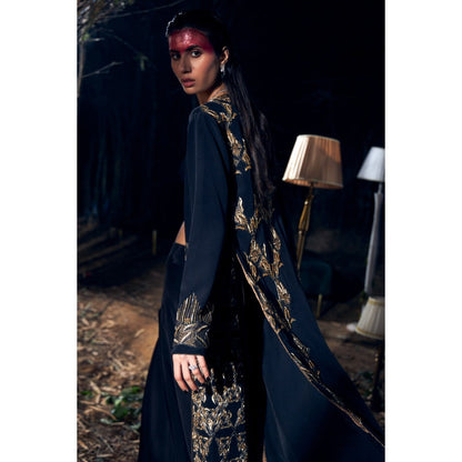 Shreeka Black Embroidered Crepe Jacket with Bustier and Palazzo (Set of 3)