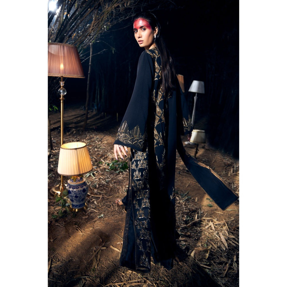 Shreeka Black Embroidered Crepe Jacket with Bustier and Palazzo (Set of 3)