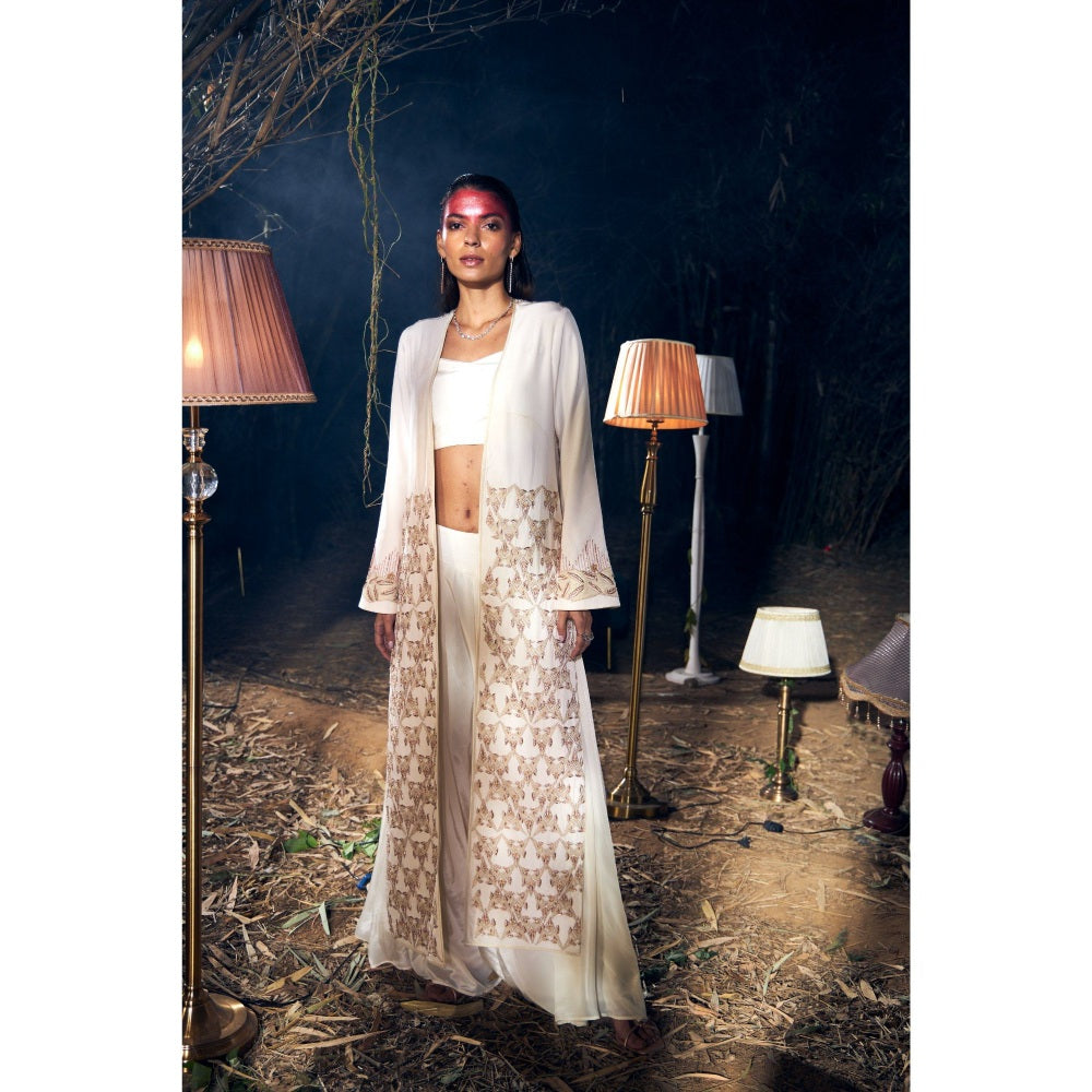 Shreeka Ivory Embroidered Crepe Jacket with Bustier and Palazzo (Set of 3)