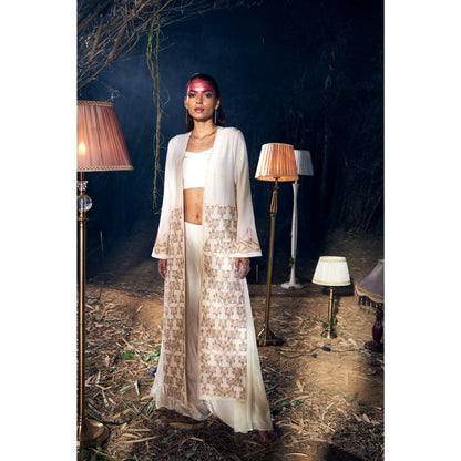 Shreeka Ivory Embroidered Crepe Jacket with Bustier and Palazzo (Set of 3)