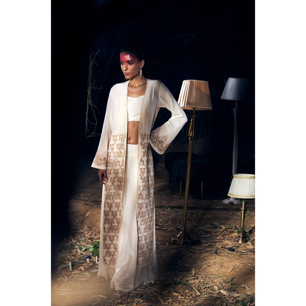 Shreeka Ivory Embroidered Crepe Jacket with Bustier and Palazzo (Set of 3)