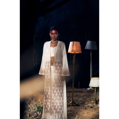 Shreeka Ivory Embroidered Crepe Jacket with Bustier and Palazzo (Set of 3)
