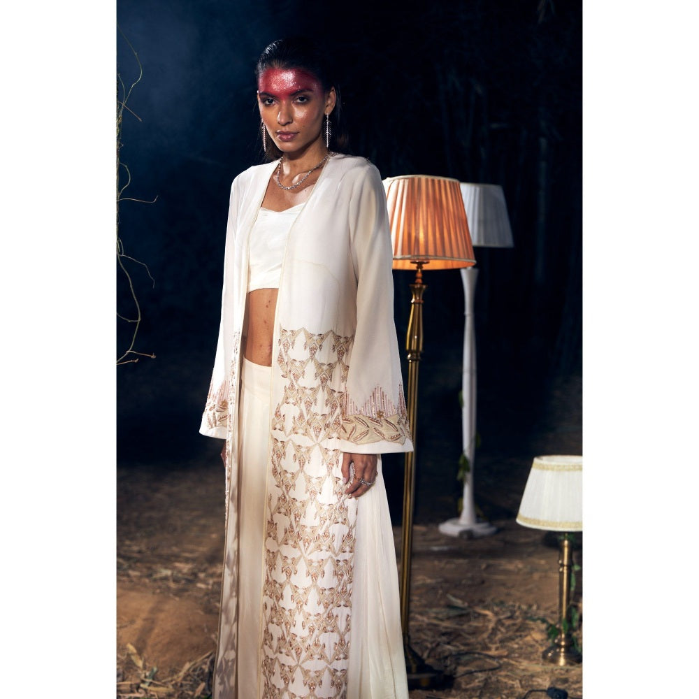 Shreeka Ivory Embroidered Crepe Jacket with Bustier and Palazzo (Set of 3)