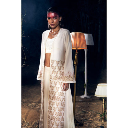 Shreeka Ivory Embroidered Crepe Jacket with Bustier and Palazzo (Set of 3)