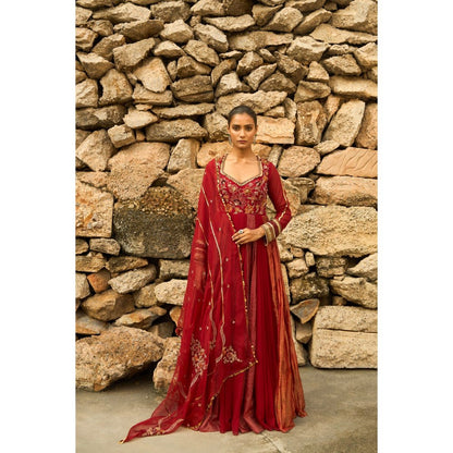 Shreeka Deep Red Georgette Embellished Anarkali with Churidar and Dupatta (Set of 3)