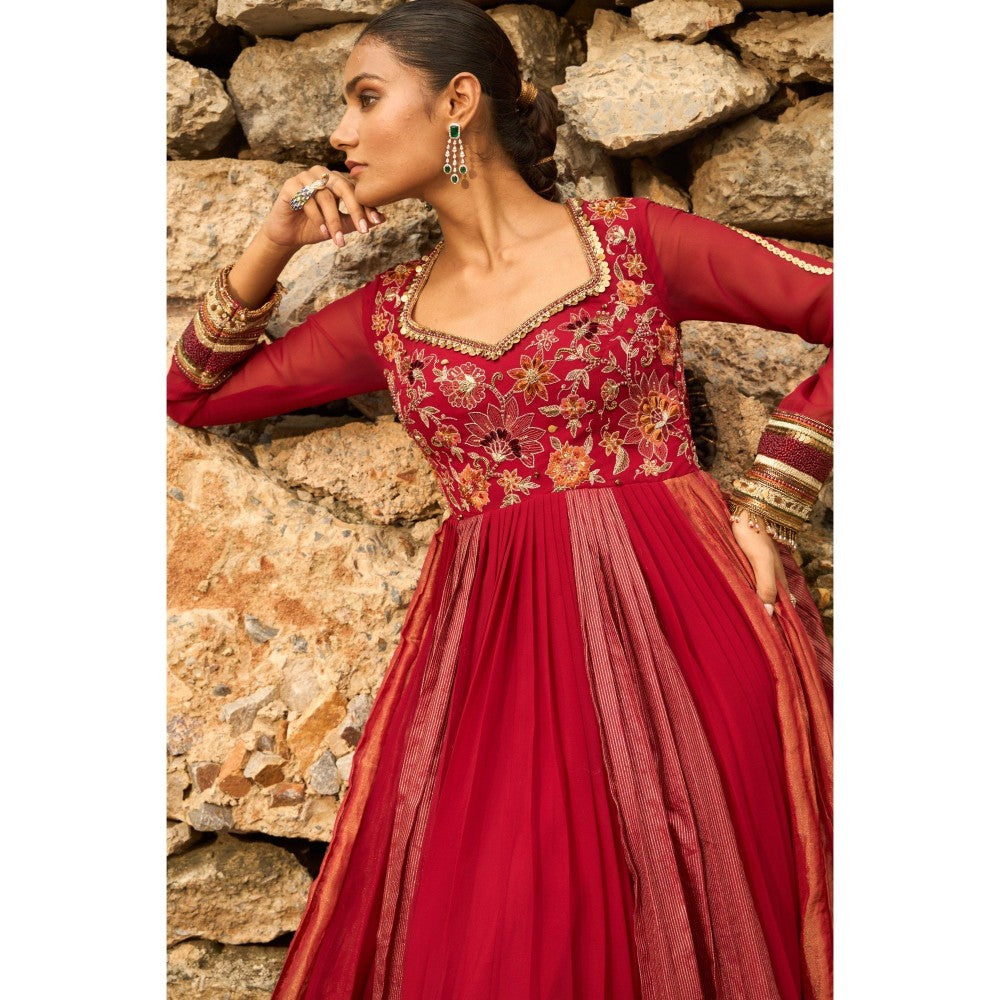 Shreeka Deep Red Georgette Embellished Anarkali with Churidar and Dupatta (Set of 3)