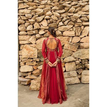 Shreeka Deep Red Georgette Embellished Anarkali with Churidar and Dupatta (Set of 3)