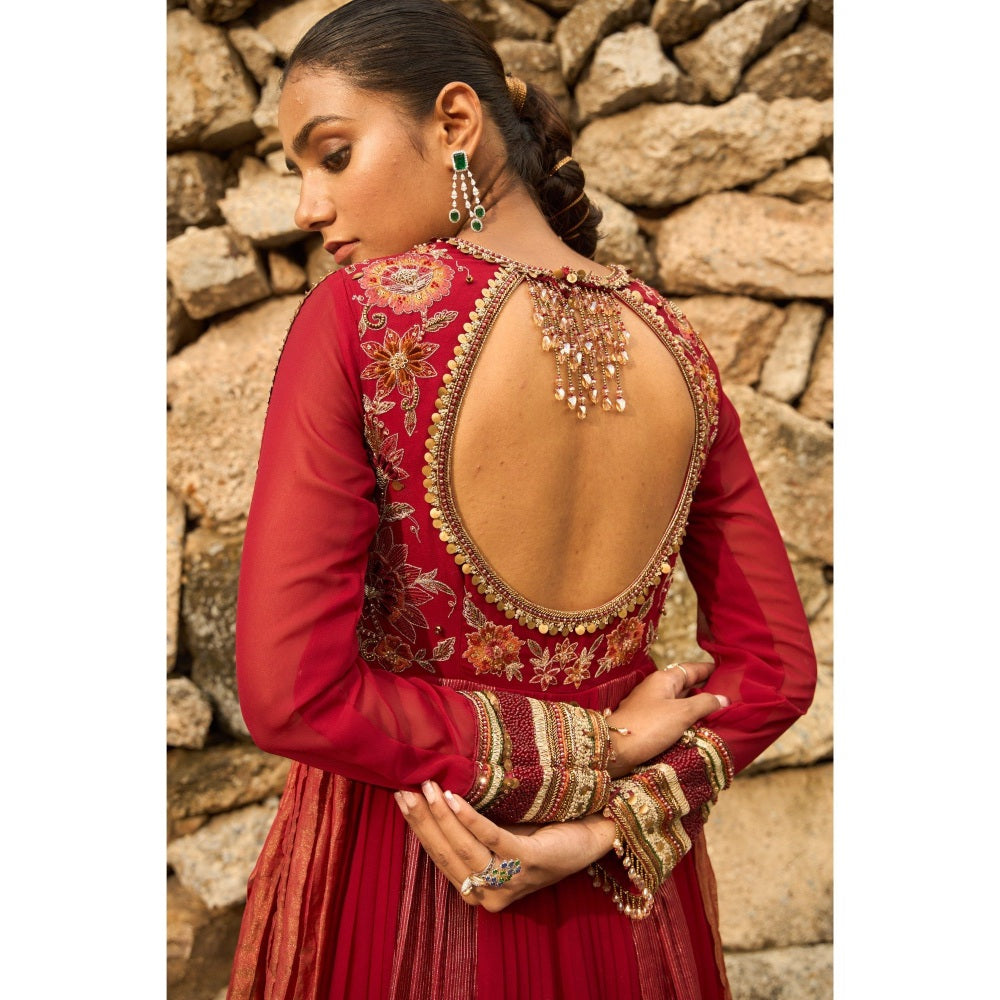 Shreeka Deep Red Georgette Embellished Anarkali with Churidar and Dupatta (Set of 3)