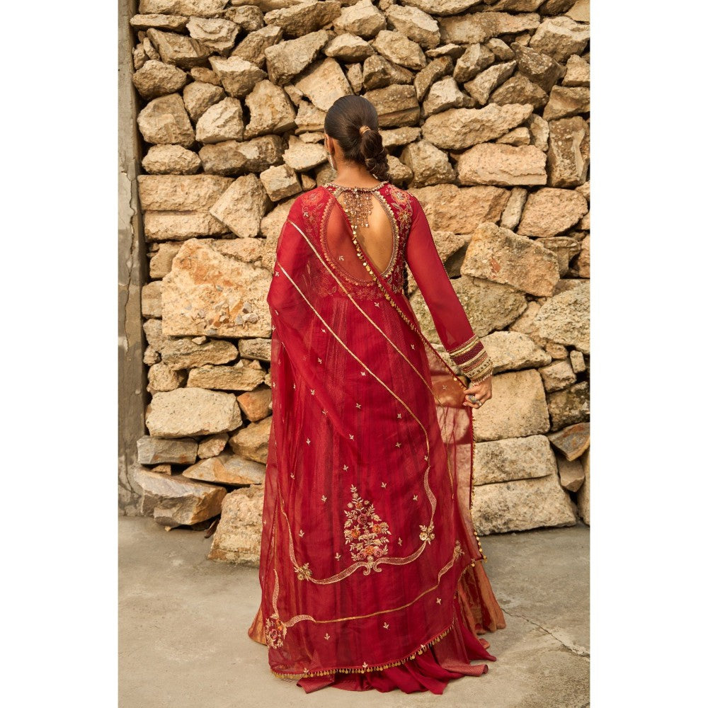 Shreeka Deep Red Georgette Embellished Anarkali with Churidar and Dupatta (Set of 3)