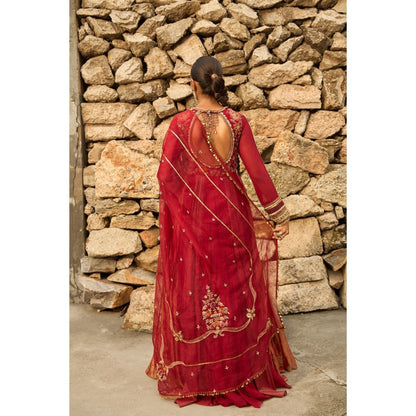 Shreeka Deep Red Georgette Embellished Anarkali with Churidar and Dupatta (Set of 3)