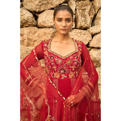 Shreeka Deep Red Georgette Embellished Anarkali with Churidar and Dupatta (Set of 3)