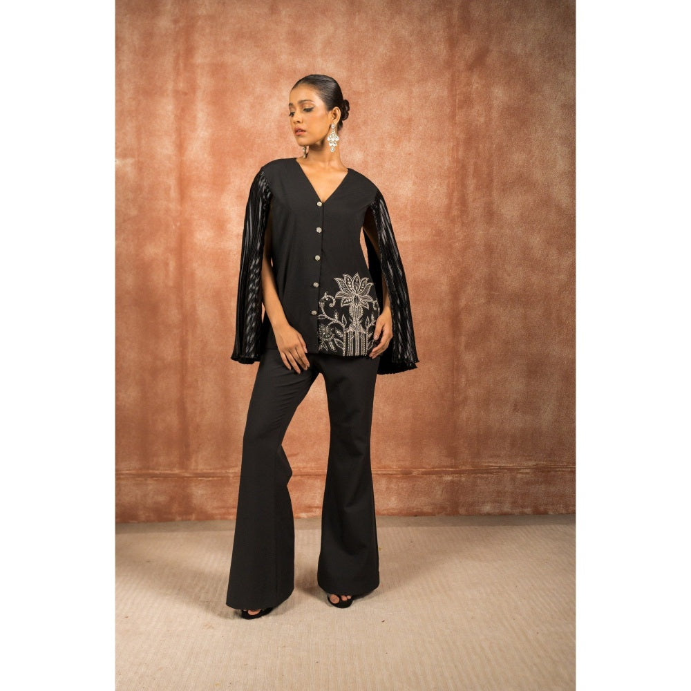 Shreeka Black Pleated Cape Sleeves Embellished Co-Ord (Set of 2)