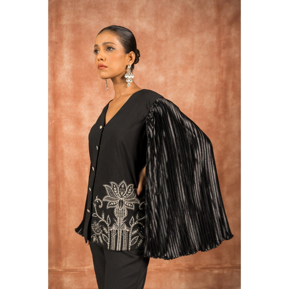 Shreeka Black Pleated Cape Sleeves Embellished Co-Ord (Set of 2)