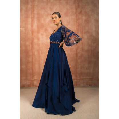 Shreeka Midnight Blue Satin Cape Sleeves Embellished Maxi Dress