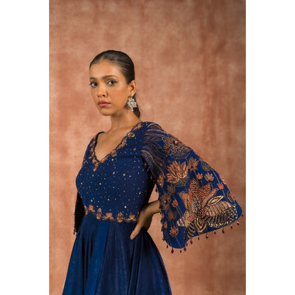 Shreeka Midnight Blue Satin Cape Sleeves Embellished Maxi Dress