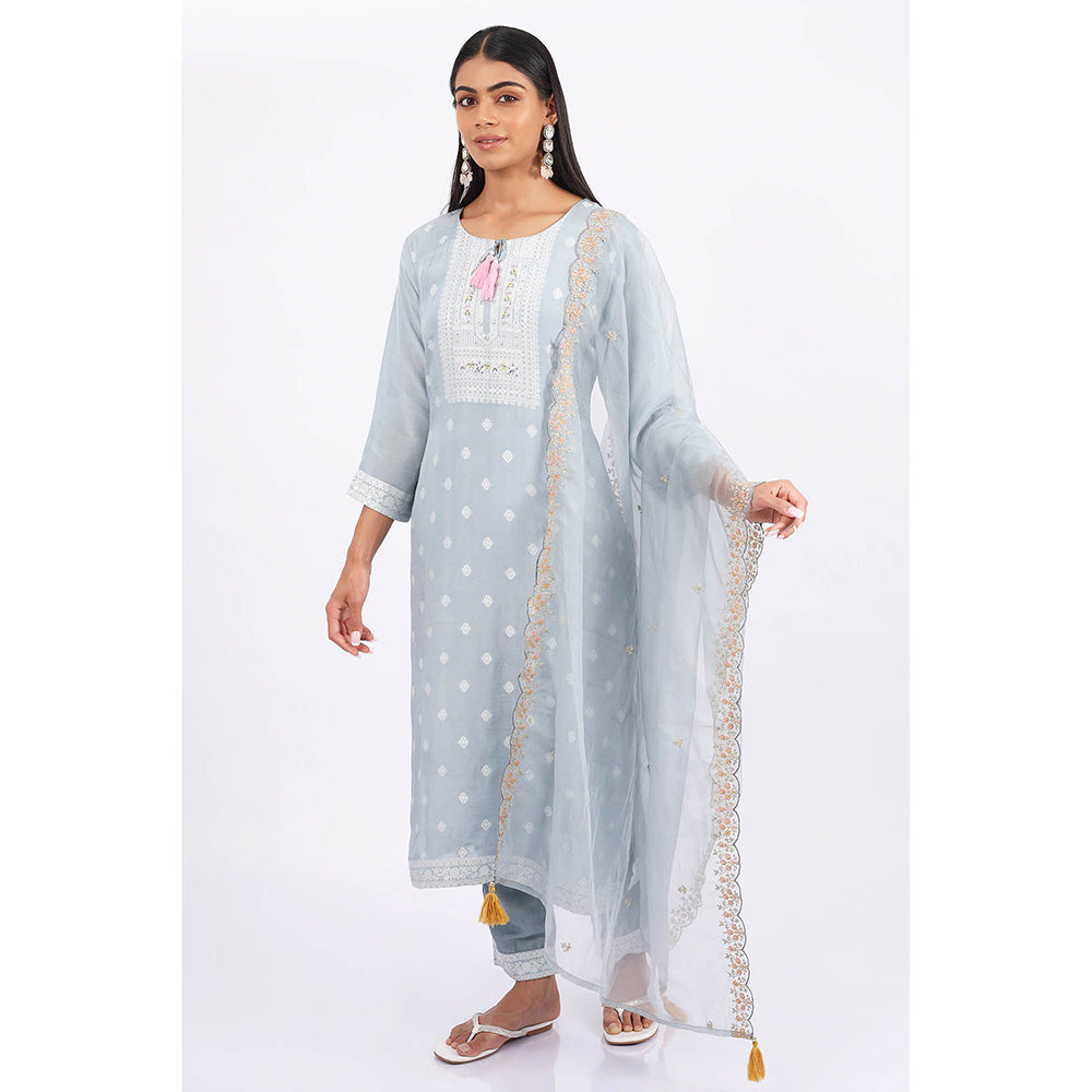 SHRUTI GOYAL Blue Embroidered Kurta with Pant and Dupatta (Set of 3)
