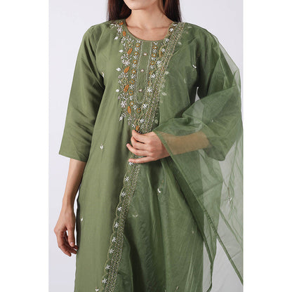 SHRUTI GOYAL Forest Green Embroidered Kurta with Pant and Dupatta (Set of 3)