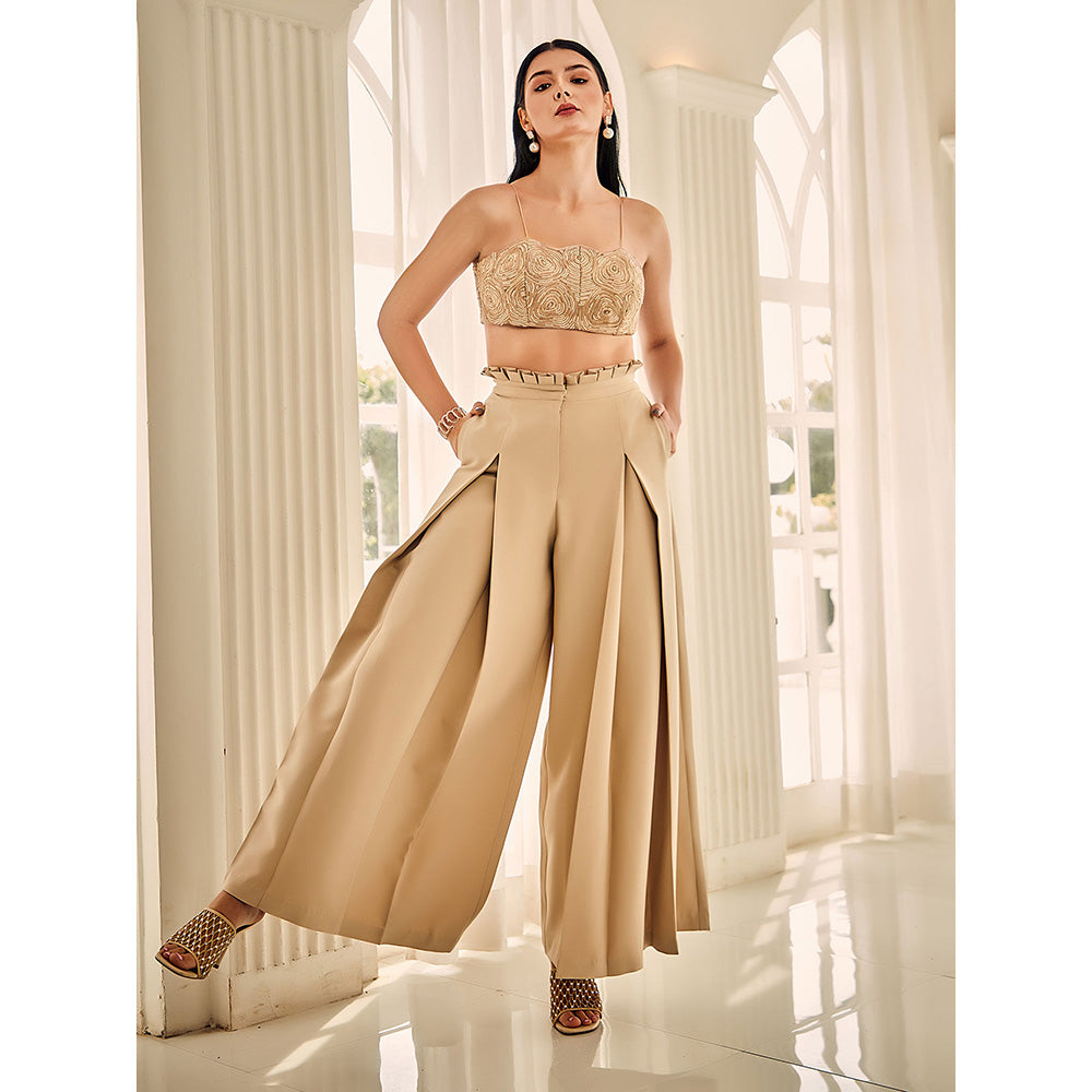 Shriya Dahlia Beige Embellished Bustier with Pleated Palazzo (Set of 2)
