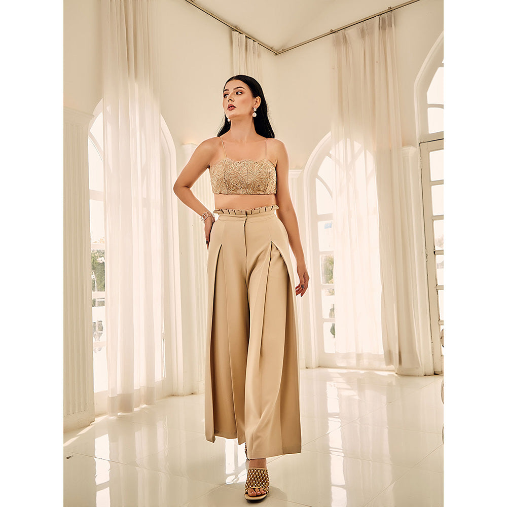 Shriya Dahlia Beige Embellished Bustier with Pleated Palazzo (Set of 2)