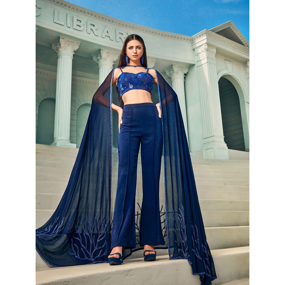 Shriya Dahlia Blue Bustier with Pant and Cape (Set of 3)