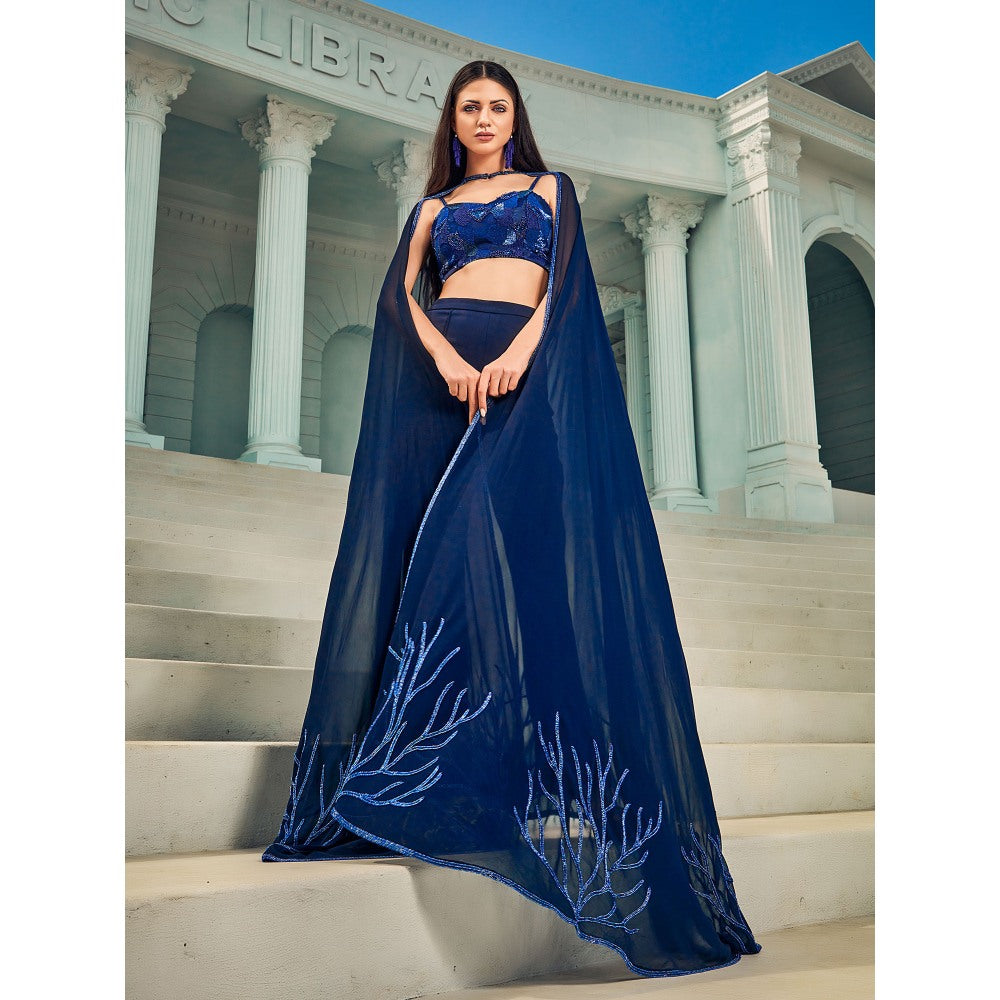 Shriya Dahlia Blue Bustier with Pant and Cape (Set of 3)