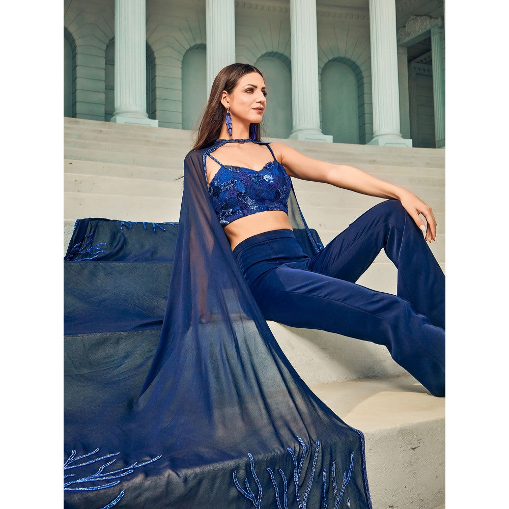 Shriya Dahlia Blue Bustier with Pant and Cape (Set of 3)