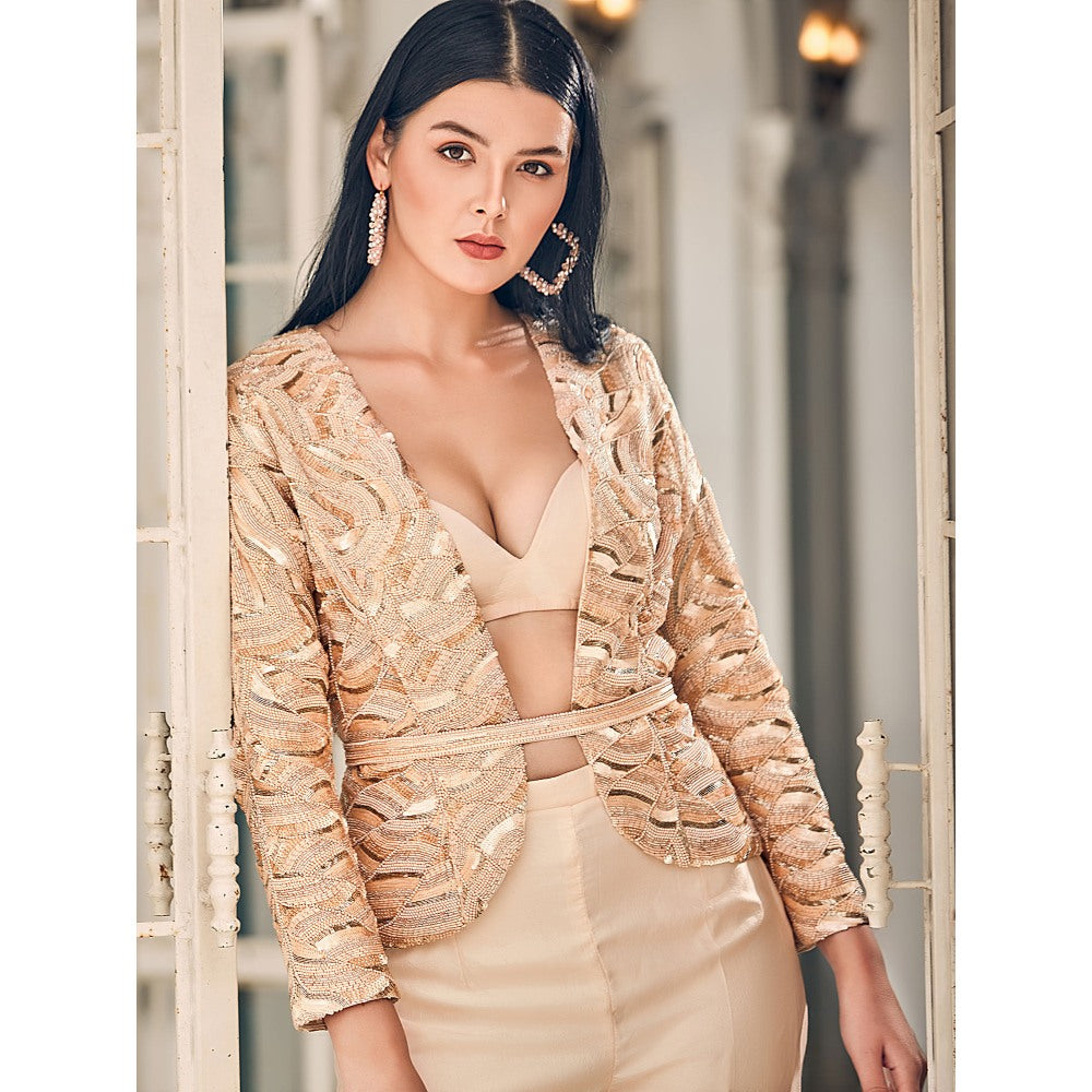Shriya Dahlia Beige Jacket with Bustier, Pant and Belt (Set of 4)