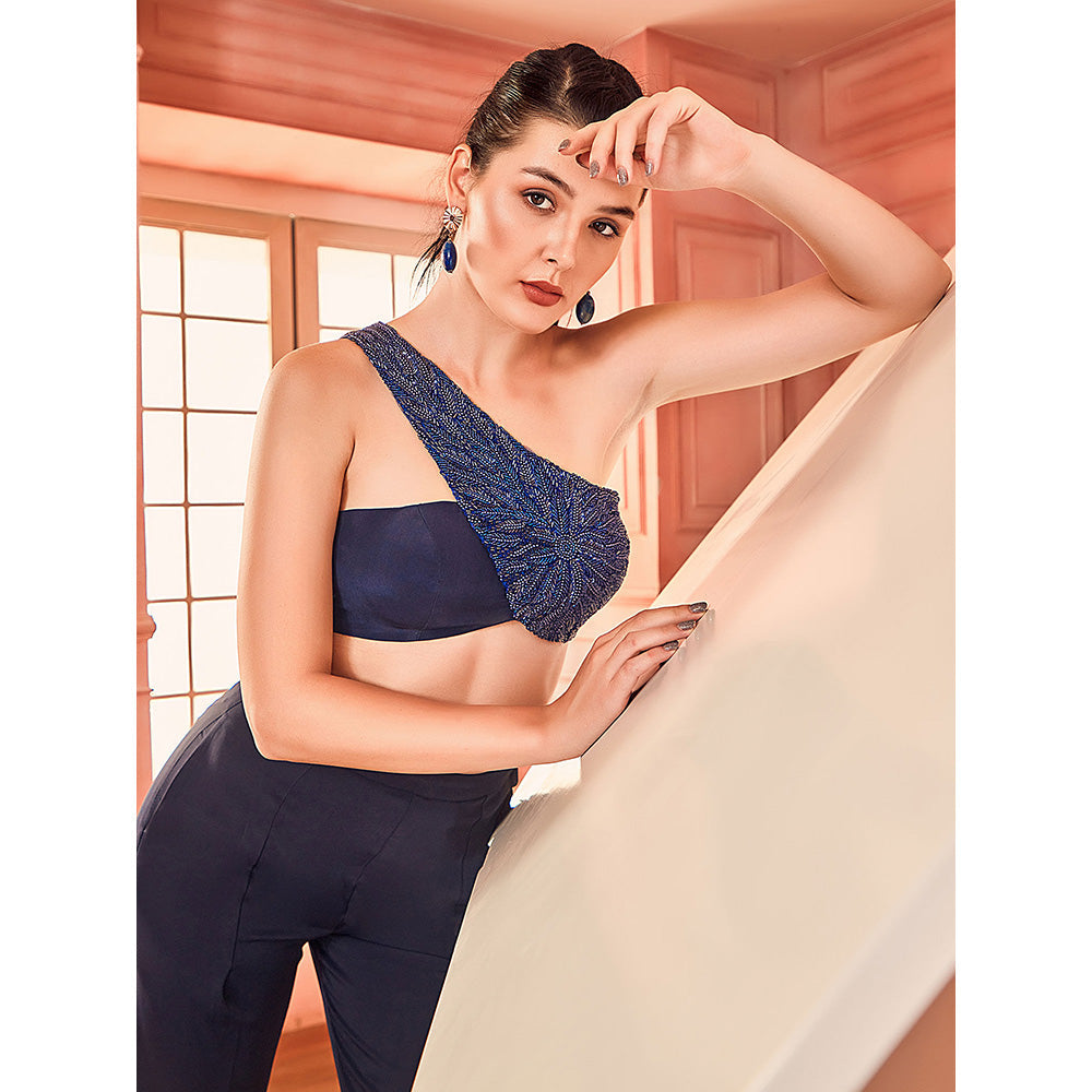Shriya Dahlia Blue One Shoulder Bustier with Pant (Set of 2)