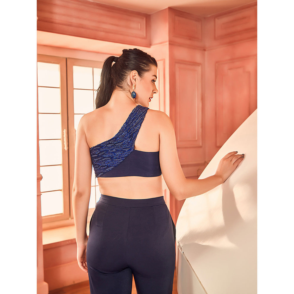 Shriya Dahlia Blue One Shoulder Bustier with Pant (Set of 2)