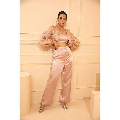 Shriya Dahlia Pink Puff Sleeves Crop Jacket with Bustier and Pant (Set of 3)