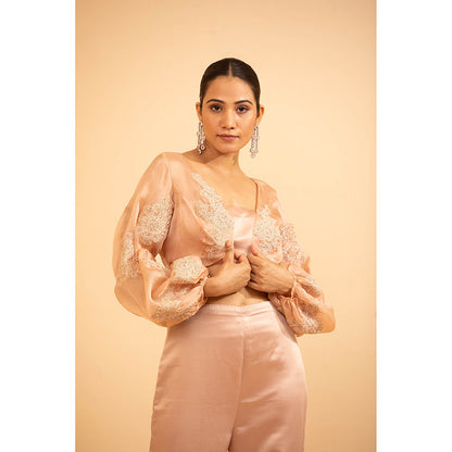 Shriya Dahlia Pink Puff Sleeves Crop Jacket with Bustier and Pant (Set of 3)