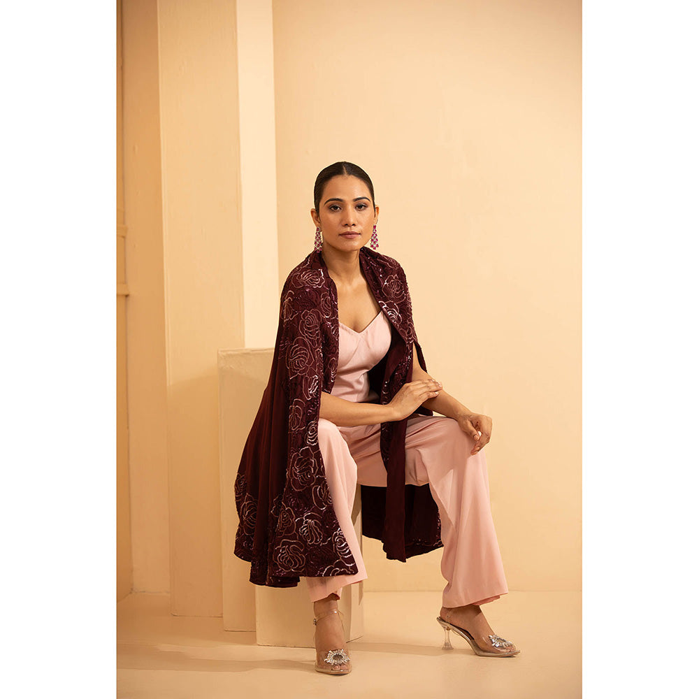 Shriya Dahlia Pink Roses Cape with Tunic and Pants (Set of 3)
