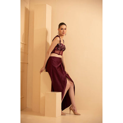 Shriya Dahlia Burgundy Corset Bustier with Drape Skirt (Set of 2)