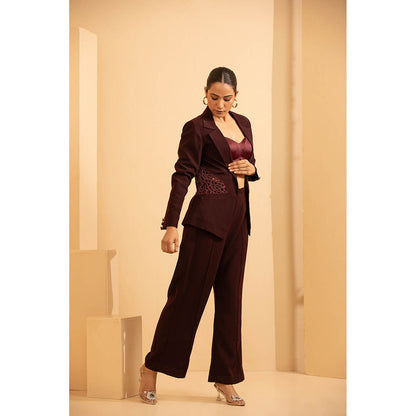 Shriya Dahlia Burgundy Cut Work Business Blazer with Bustier and Pant (Set of 3)