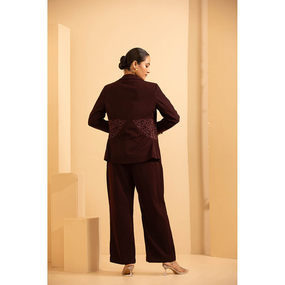 Shriya Dahlia Burgundy Cut Work Business Blazer with Bustier and Pant (Set of 3)