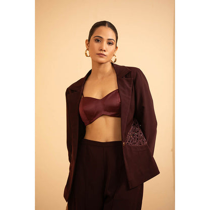 Shriya Dahlia Burgundy Cut Work Business Blazer with Bustier and Pant (Set of 3)