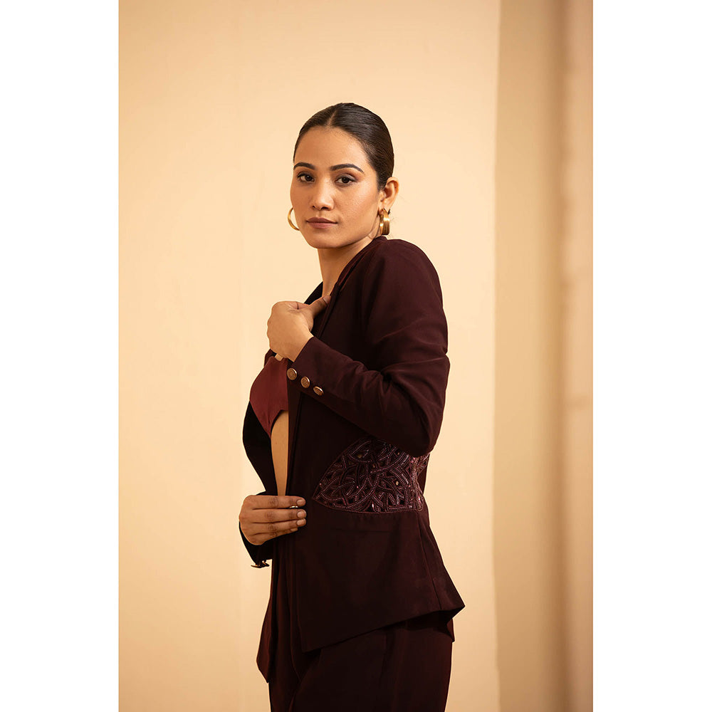Shriya Dahlia Burgundy Cut Work Business Blazer with Bustier and Pant (Set of 3)
