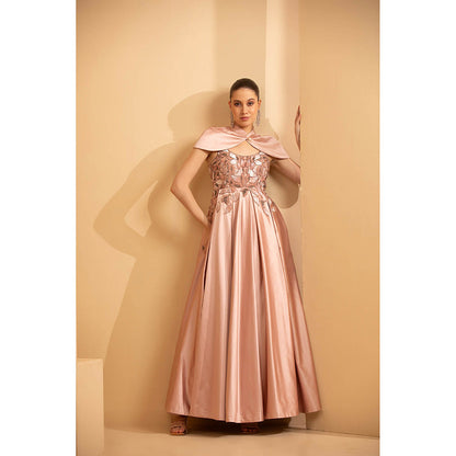 Shriya Dahlia Pink Box Pleat Gown with Cape (Set of 2)