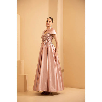 Shriya Dahlia Pink Box Pleat Gown with Cape (Set of 2)