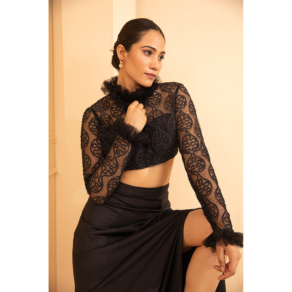 Shriya Dahlia Black Hand Embroidered Crop Top with Skirt (Set of 2)