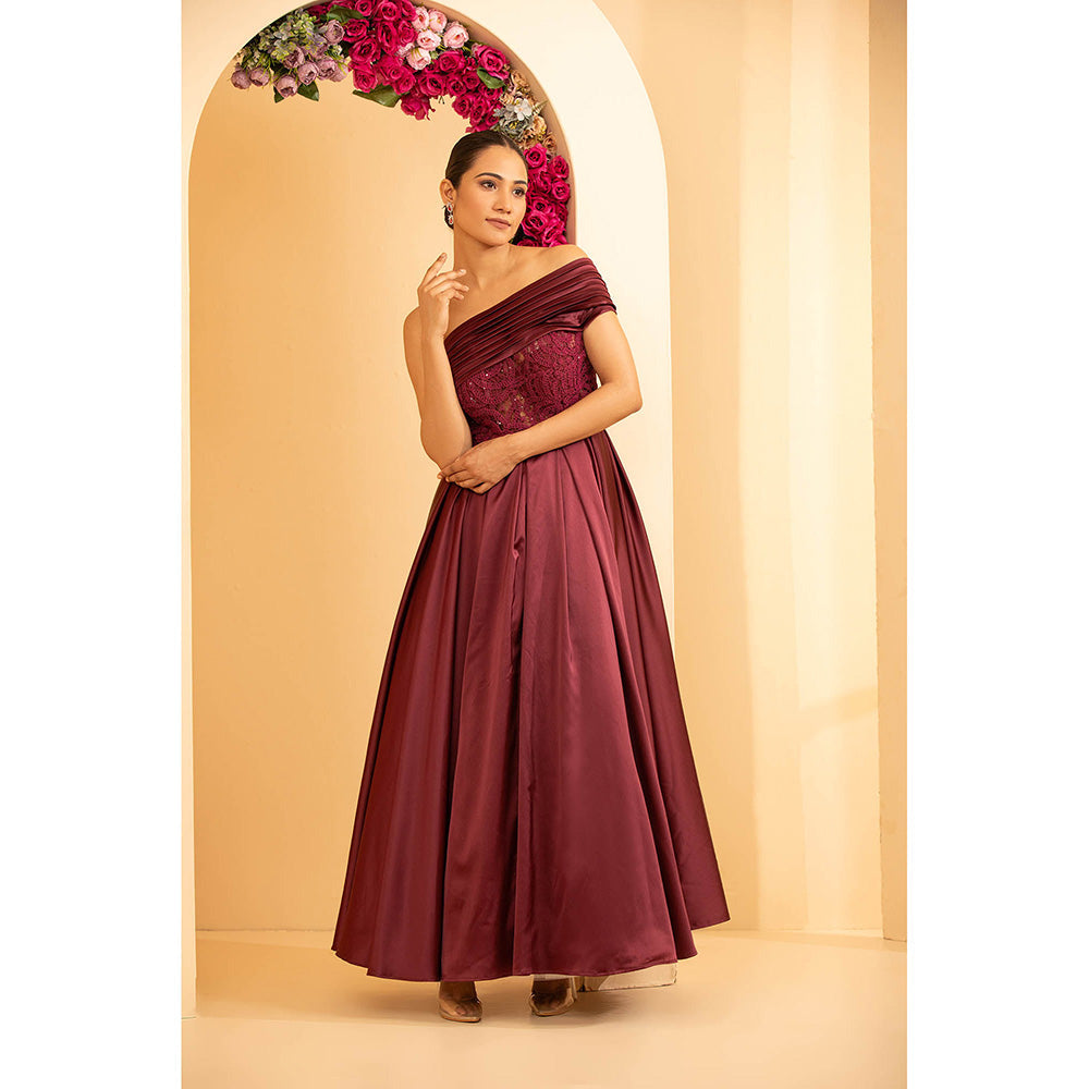 Shriya Dahlia Wine Off Shoulder Gown